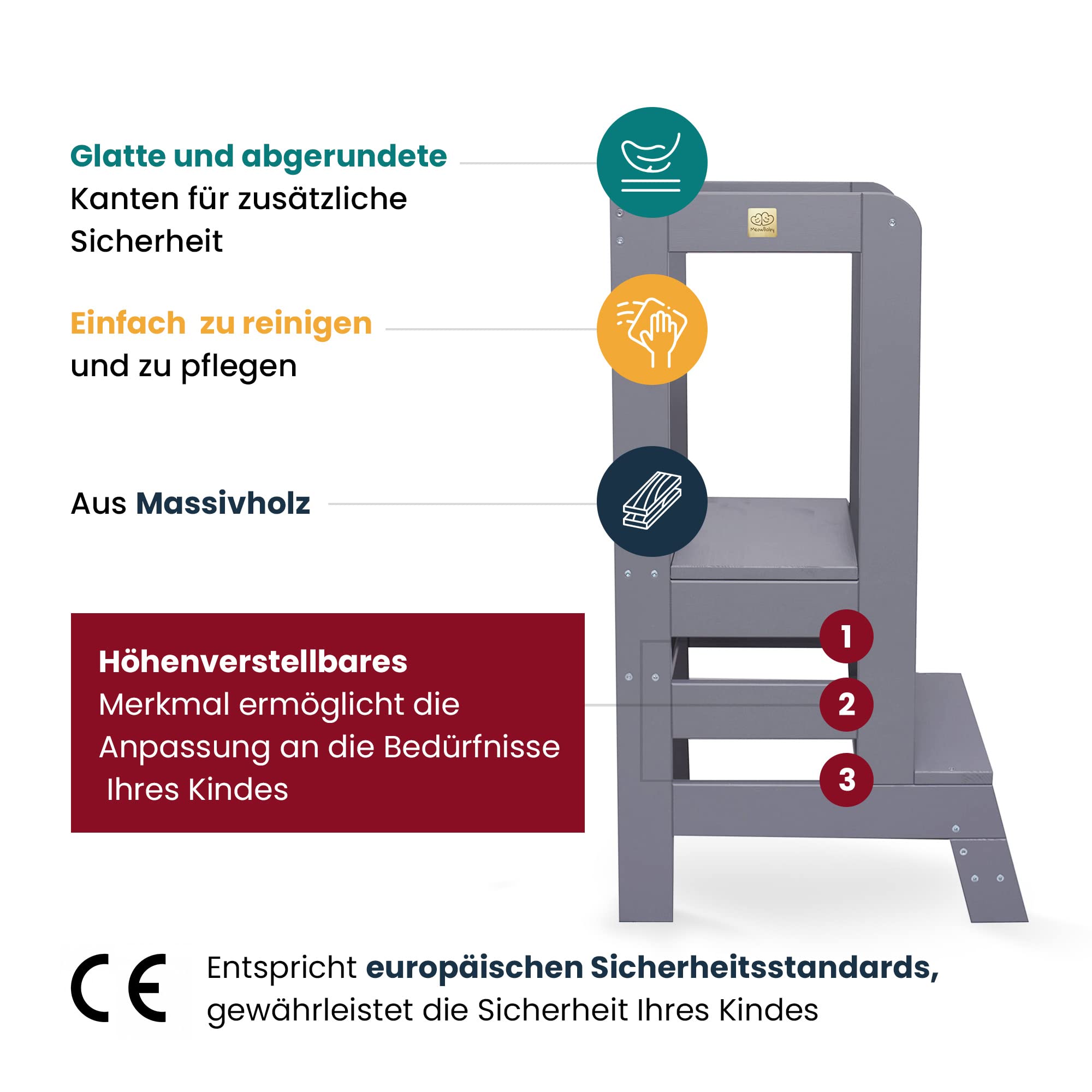 MEOWBABY Lernturm – Höhenverstellbarer Montessori Learning Tower für Kinder – Lernturm ab 1 Jahr – Sicherer Kinder Tritthocker – Holz Küchenhelfer für Küche & Alltag, Schwarz