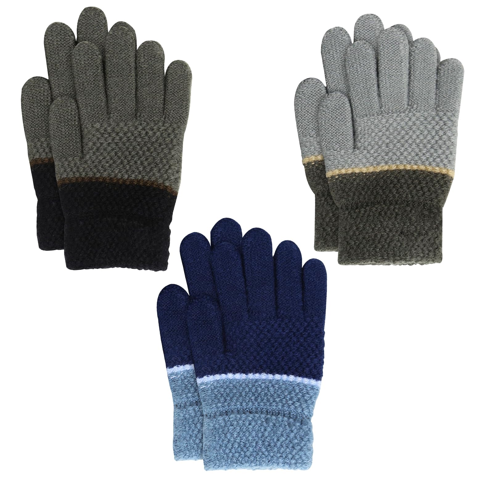 TAGVO Guantes de punto cálidos para niños pequeños, resistentes al viento, gruesos, térmicos, para niñas, niños, 3 pares para exteriores (de 4 a 7 años)