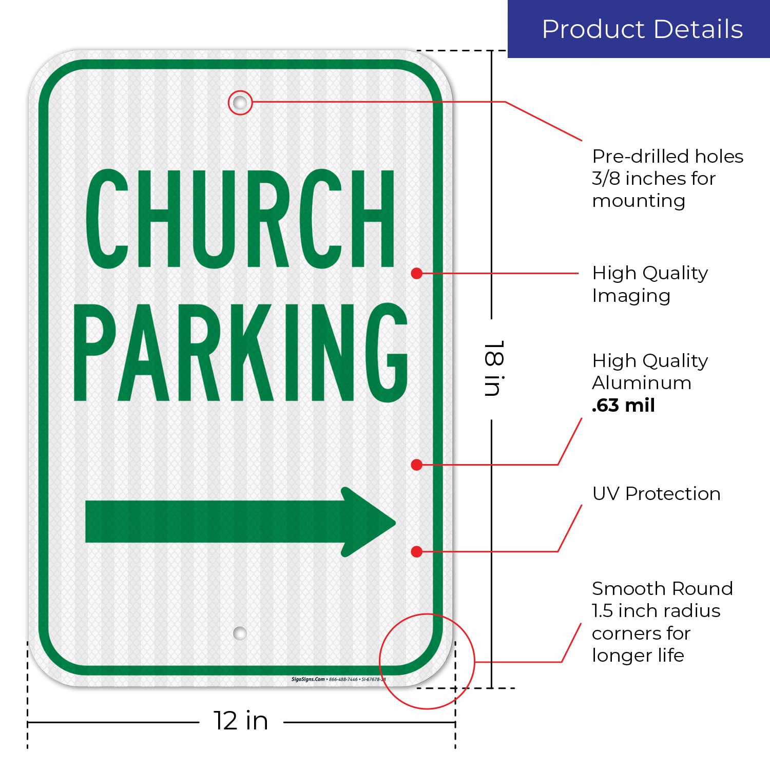 Church Parking with Right Arrow Sign, 12x18 Inches, 3M EGP Reflective .063 Aluminum, Fade Resistant, Made in USA