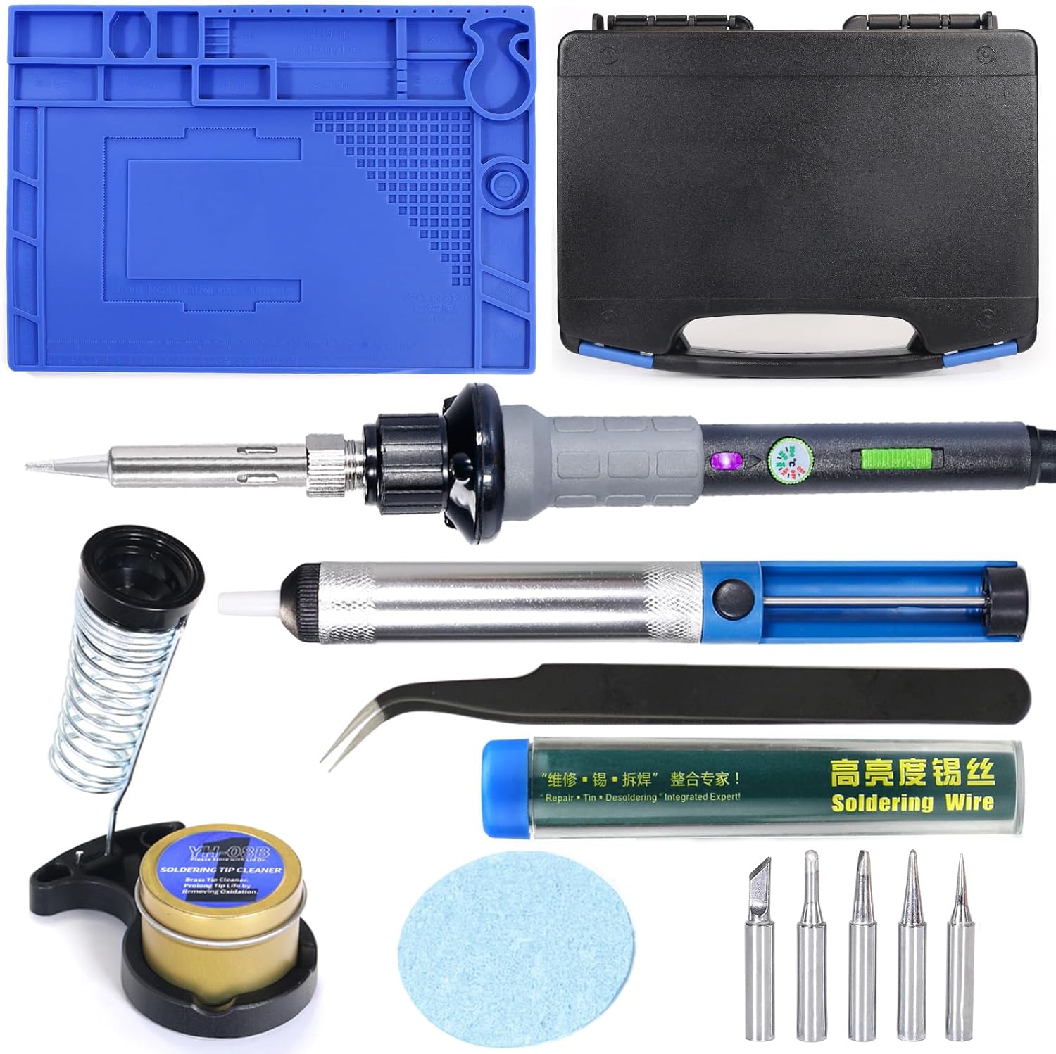 YIHUA 947-V Hand Soldering Iron Kit bundle with 17.32" x 12.20" M180 Electronic Repair Mat with Iron Holder, Cleaning Kit, and Accessories (14 Items)