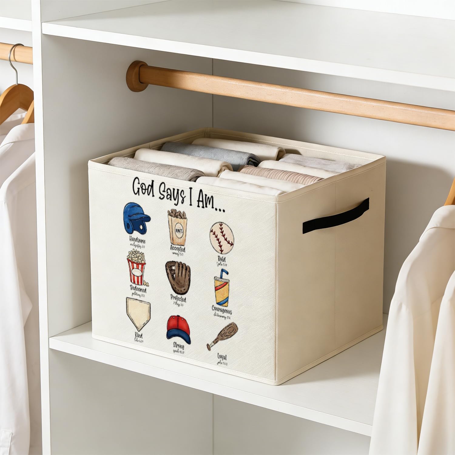 Christian Baseball Storage Bin Box with Handles, God Says I Am Bible Verse Baseball Foldable Baskets Organizer for Kids Room Nursery Bathroom Clothes Toys Books, Toybox for Boys
