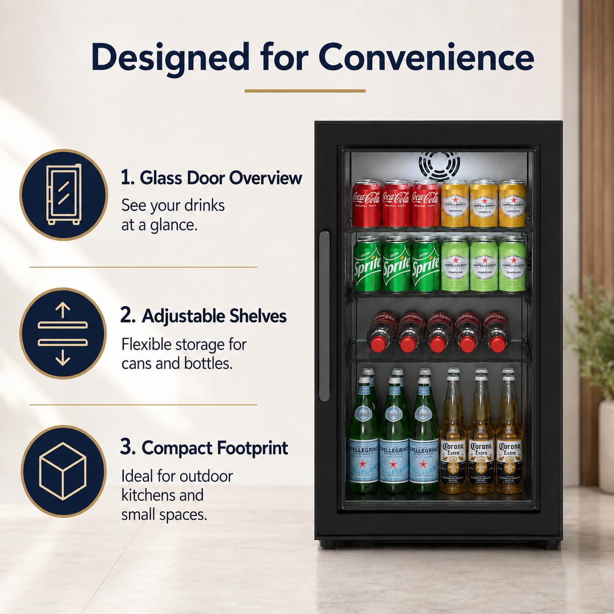 Cozze® Elements - Frigorífico de exterior 63 L – Vitrina de bebidas con puerta de cristal templado, luz LED, pantalla digital, 3 estantes de cristal, refrigeración por compresor 3-10 °C, enchufe IP44