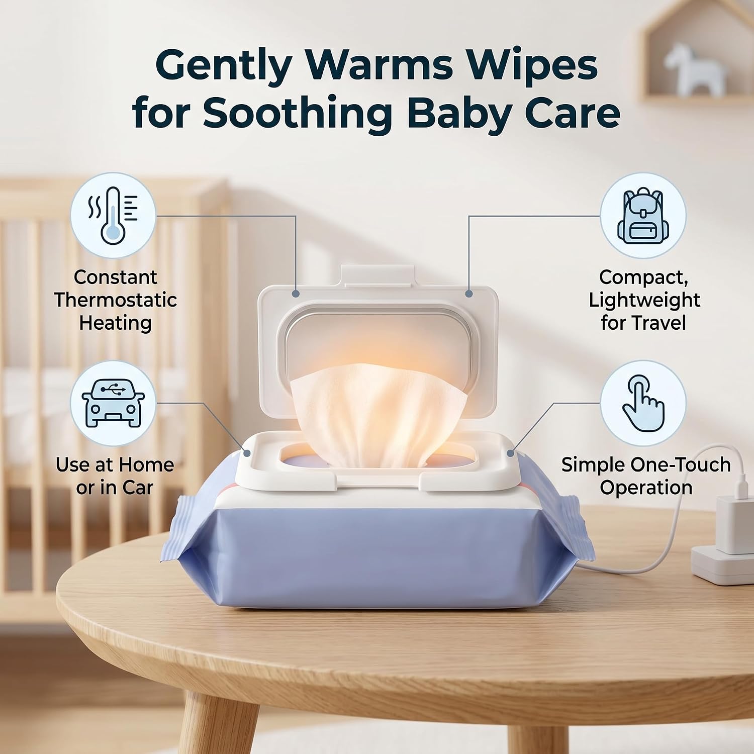 Baby Wipe Warmer, Portable USB Constant Temperature Wipes Heater Easy One Button Access Compact Travel Home Plastic White 12 x 8 cm 1 Pack