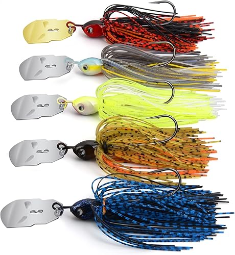MadBite Bladed Jig Fishing Lures, 5 pc Multi-Color Kits, Irresistible Vibrating Action, Sticky-Sharp Heavy-Wire Needle Point Hooks, Popular 12 oz
