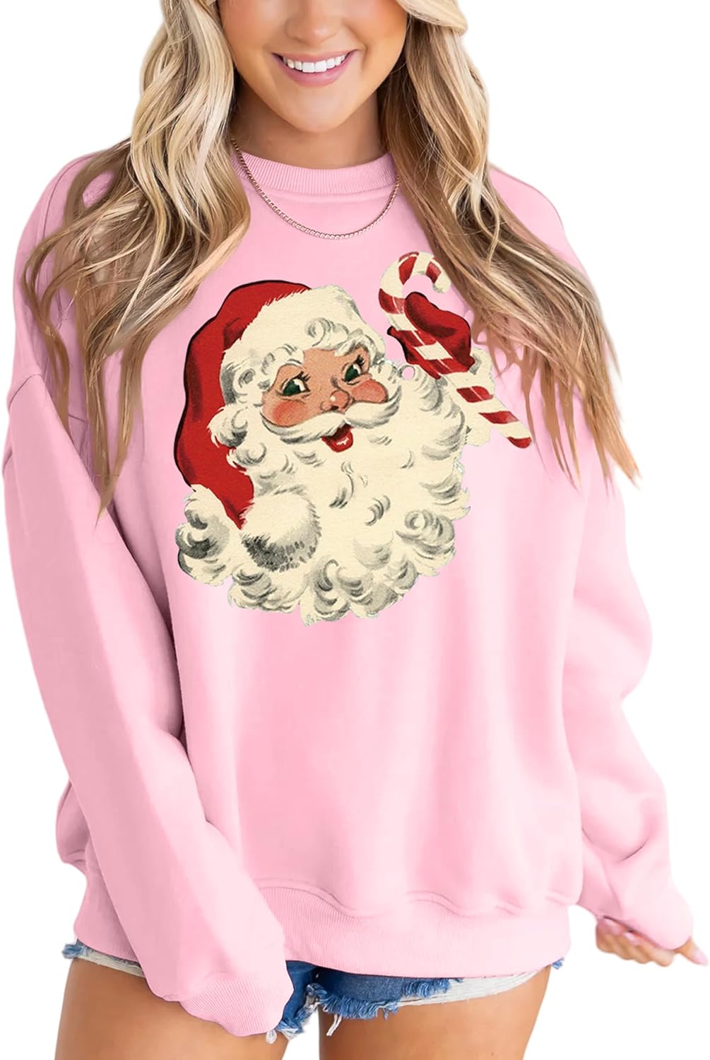 MAPICK Retro Santa Sweatshirt for Women Vintage Christmas Fleece Linend Sweaters Crewneck Oversized Long Sleeve Tops