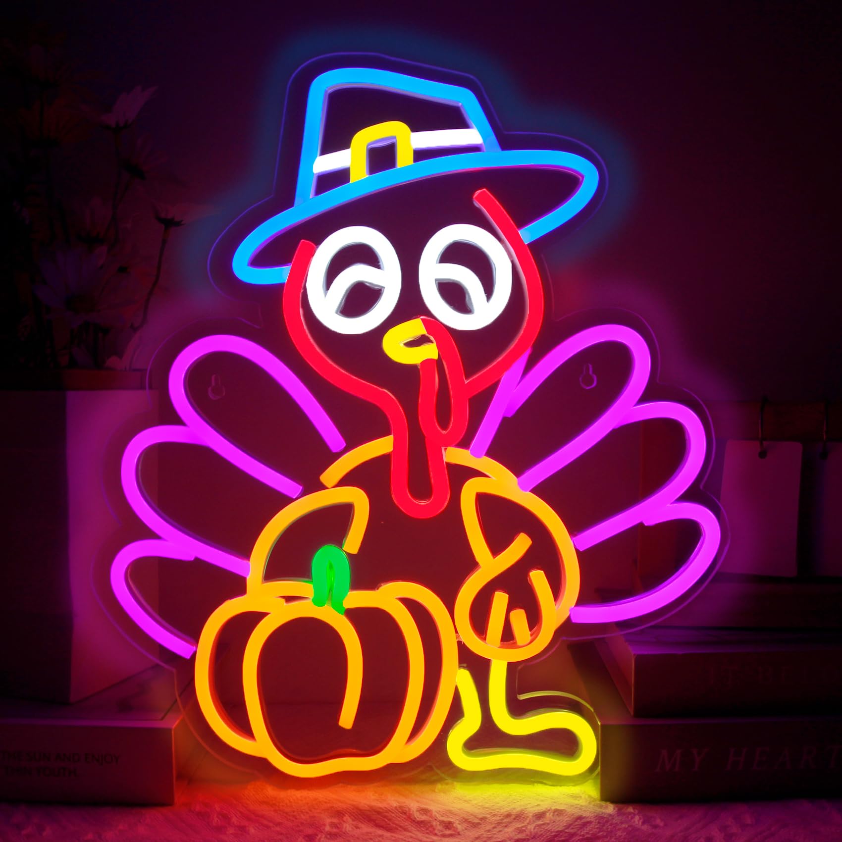 Thanksgiving Neon Sign Turkey Neon Sign Dimmable Pumpkin Neon Light for Wall Decor Light up Thanksgiving turkey LED Light decorations for Window Room