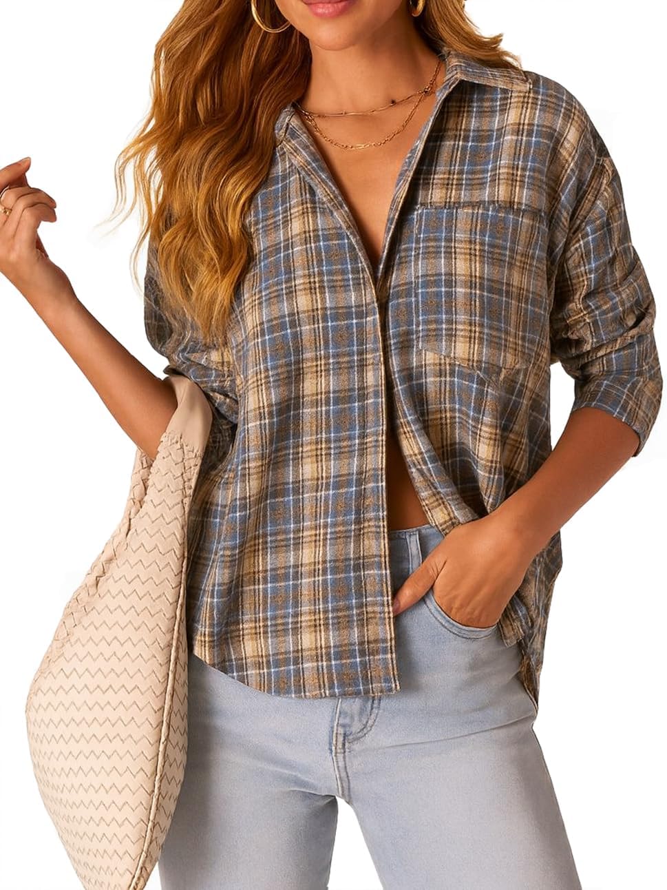 NUOREEL Womens Plaid Flannel Shirts Long Sleeve Button Down Shirts Casual Blouses Tops