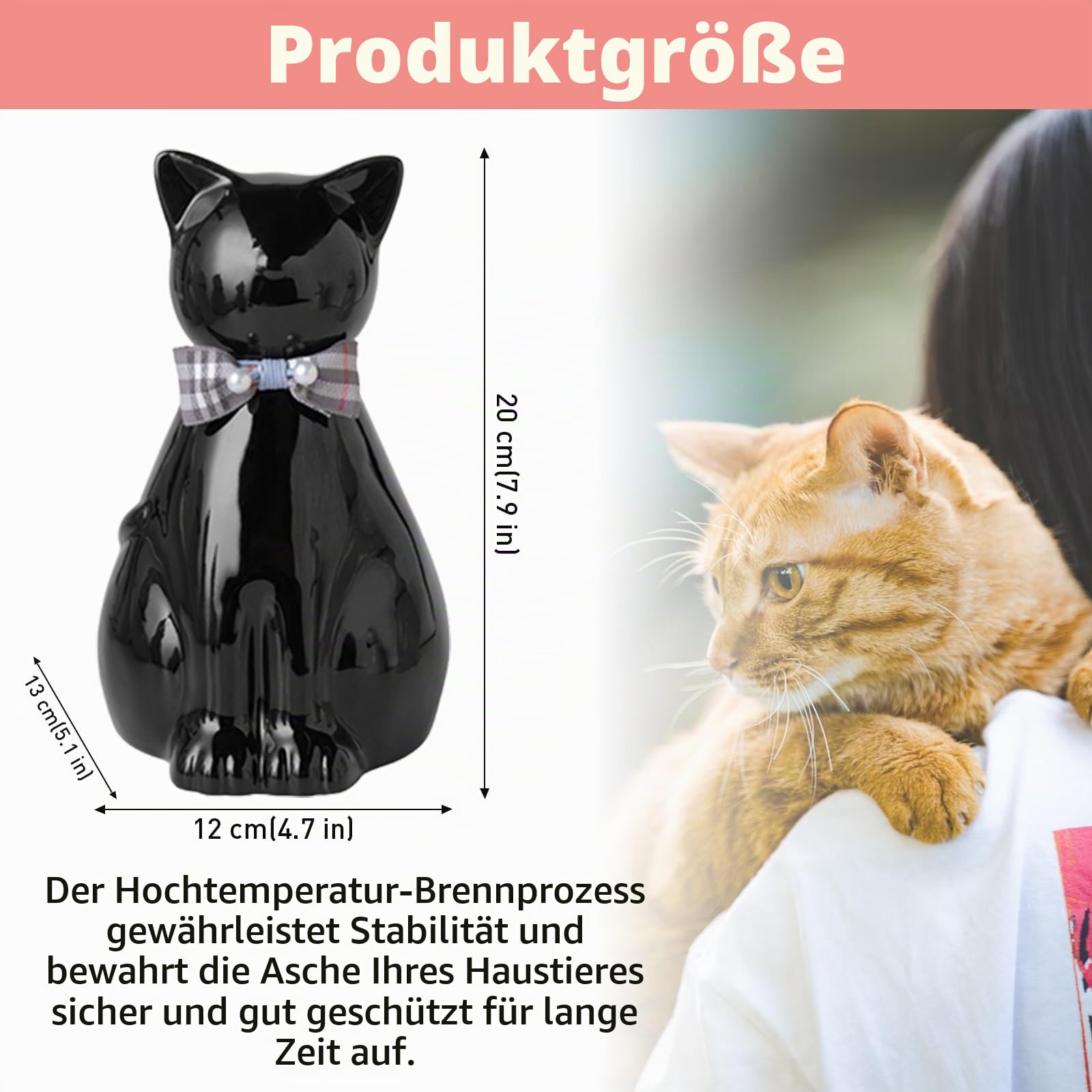 Handgefertigte Keramik-Katzen-Urne für Asche, Katzenstatue, Beerdigung, Gedenkgeschenk, Haustierurne für den Innen- und Außenbereich (Schwarz, Einheitsgröße)