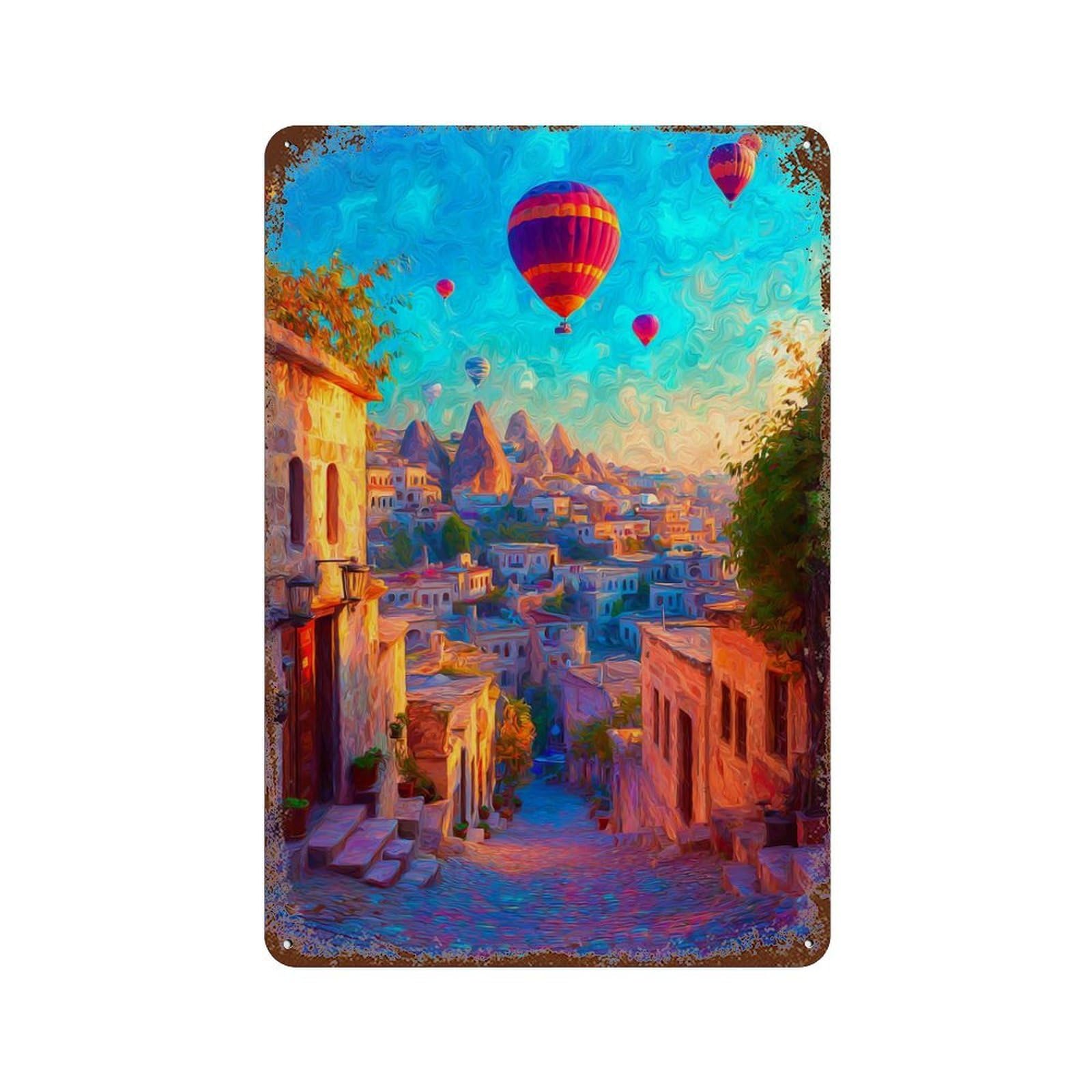 Colorful Village with Hot Air Balloons Weathered Tin Sign 11.8"x7.9", Farmhouse Wall Decor for Garage, Pub Or Kitchen