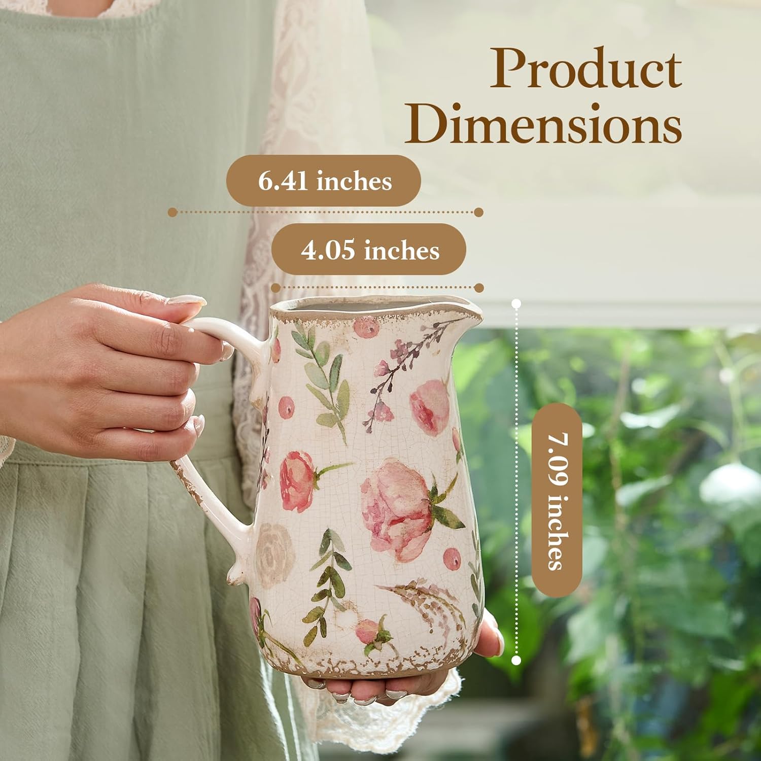 Vintage Fruit and Floral Ceramic Vase with Handle, Retro Ice Glazed Crack Farmhouse Pitcher Vase for Home Decor, Living Room, Shelf, Office, Rustic Table Centerpiece 7 Inch - Image 4