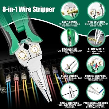 8 In 1 Wire Stripper with Voltage Tester, Wire Strippers Electricity Measurement Function for Cutting and Pulling Wires, Electric Wire Stripping Tool, Electrician Repair Tool