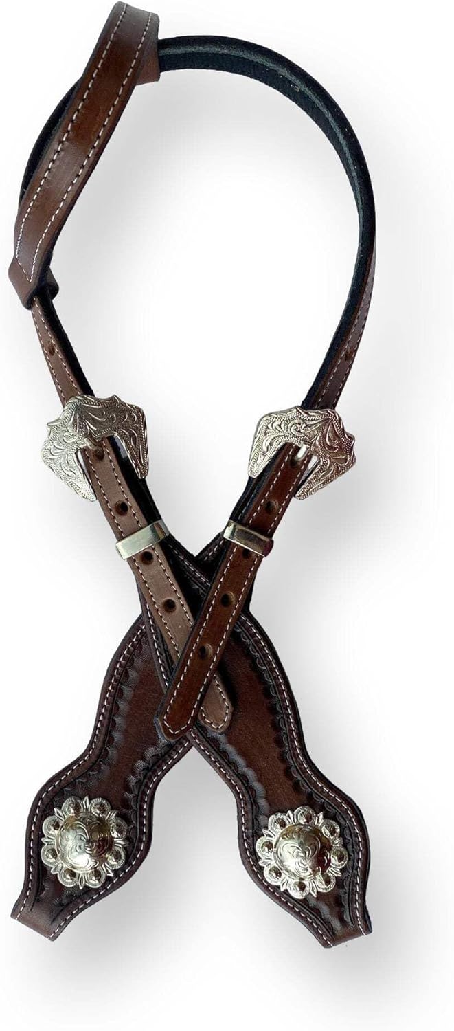 Handmade One-Ear Horse Headstall, Brown Leather with Silver Buckles and Conchos, Western Style