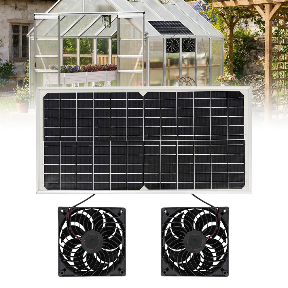 Solar Powered Fan Kit, 16W Solar Panel Fan Kit, Solar Powered Exhaust Fan 3000 rpm for Greenhouse, Waterproof Solar Exhaust Fan with DC Dual Fan for Household Chicken Coop Greenhouse Shed