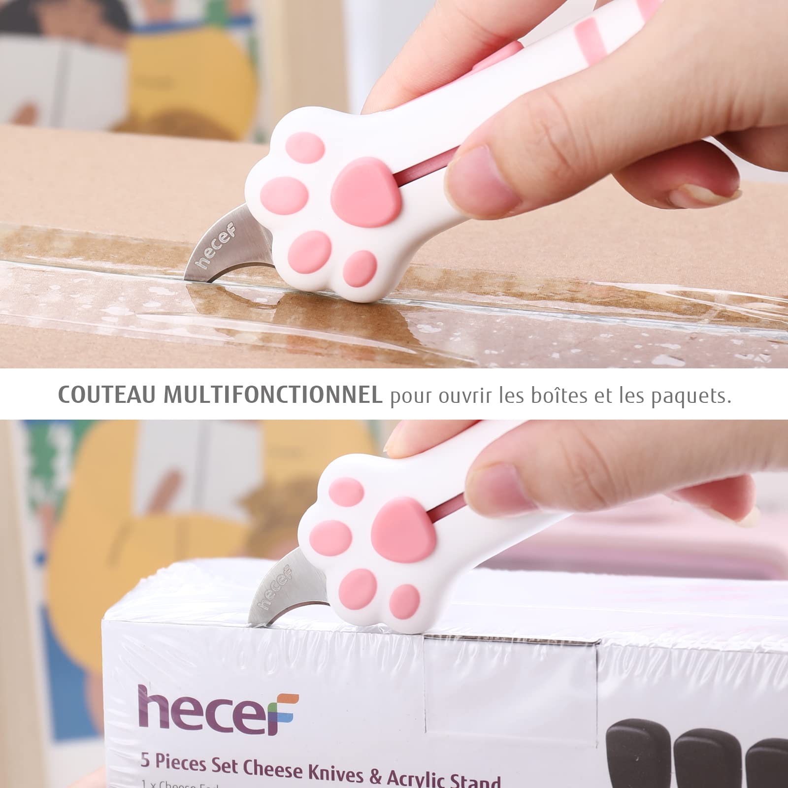 hecef Set de 3 couteaux utilitaires, cutter rétractable avec lame en acier allemand et manche en patte de chat, set de couteaux multifonctions en rosa