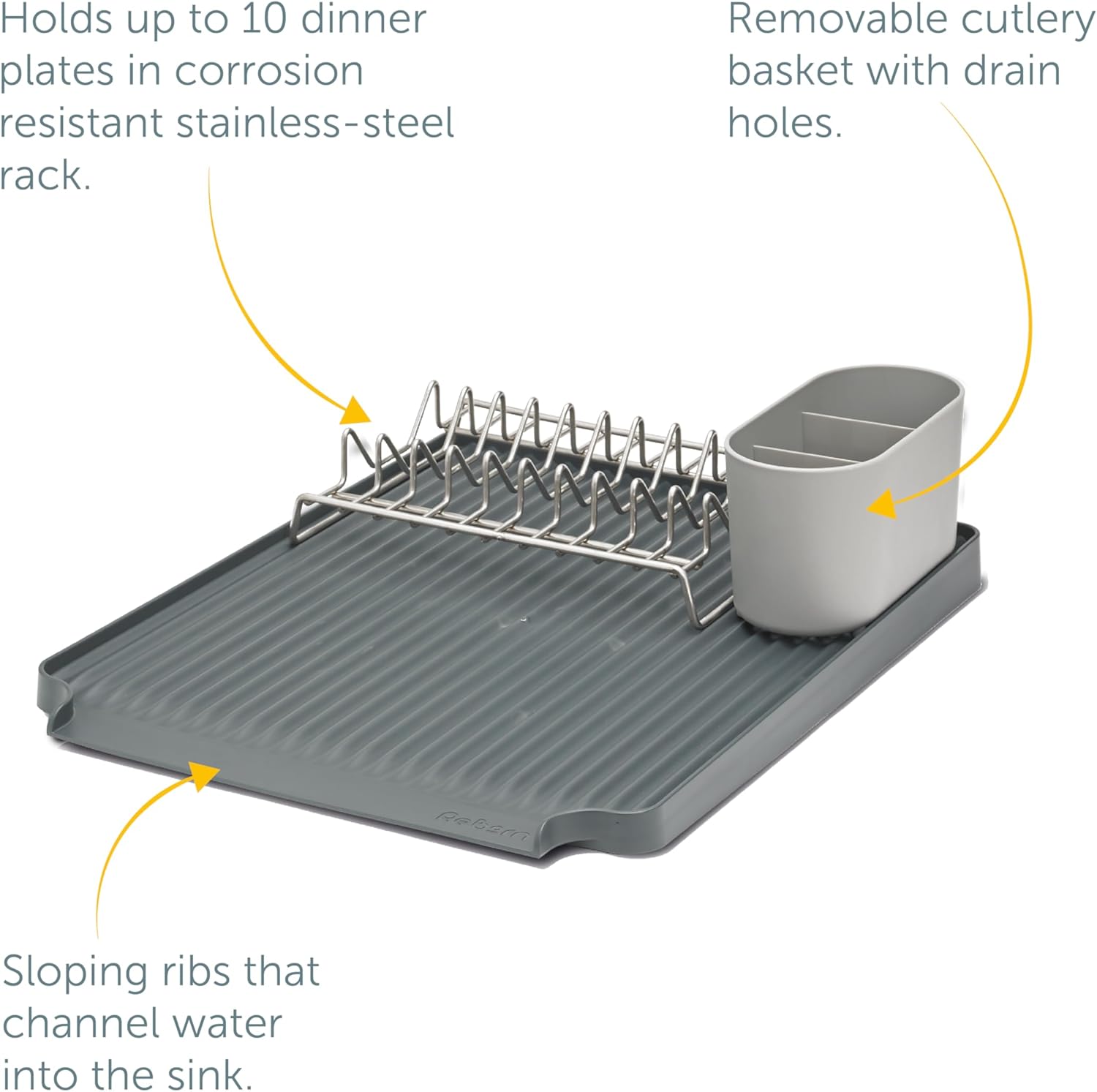 ReBorn - Recycled Dish Draining Rack - Kitchen Sinkside Drainer - Holds up to 10 Plates - Removable Cutlery Basket - Stainless Steel Rack - Made in Britain (Dark Grey, Large)