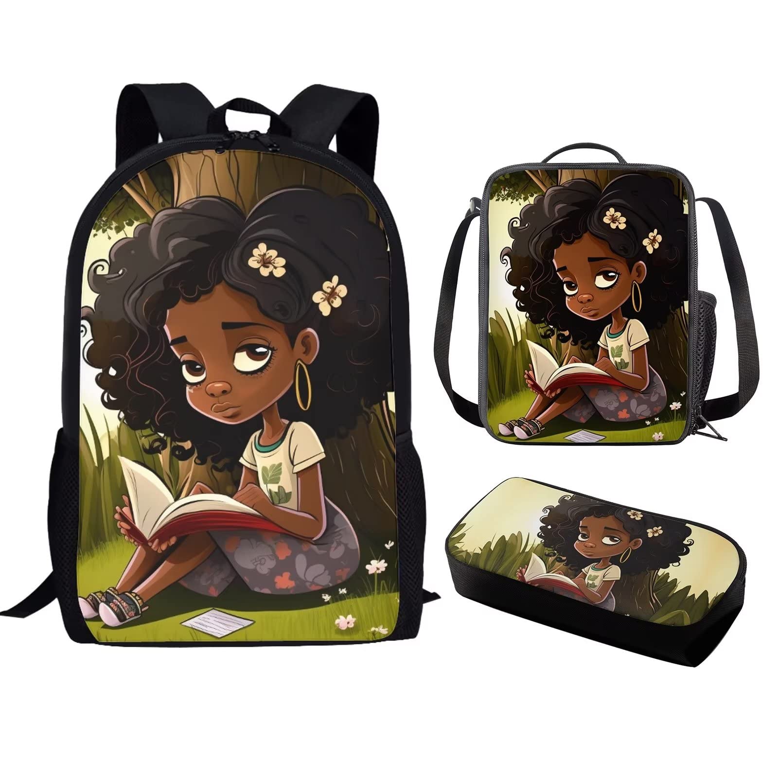 BYCHECAR African Girl Backpack for School Lunch Box Kids Bookbag Black,American Girls School Bags Magic Afro Women Print Backpack Lunchbag Pencil Case