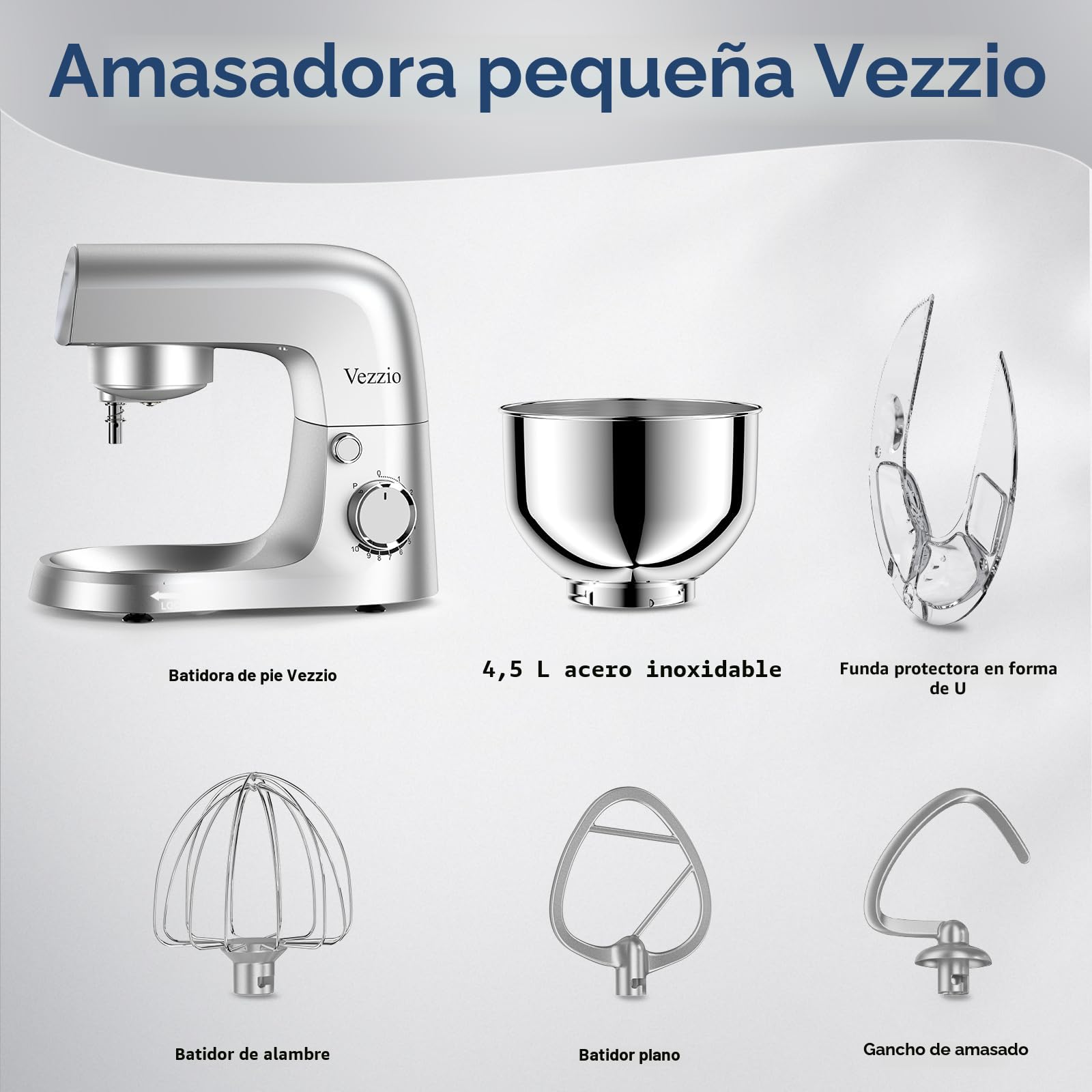 Vezzio Batidora Amasadora,1500W|4.5 L Amasadora de Pan Para Repostería,Bol de Acero inoxidable de Amasador,Batidor,Varillas y Protección Para Salpicaduras 10 Velocidades Repostería Profesional