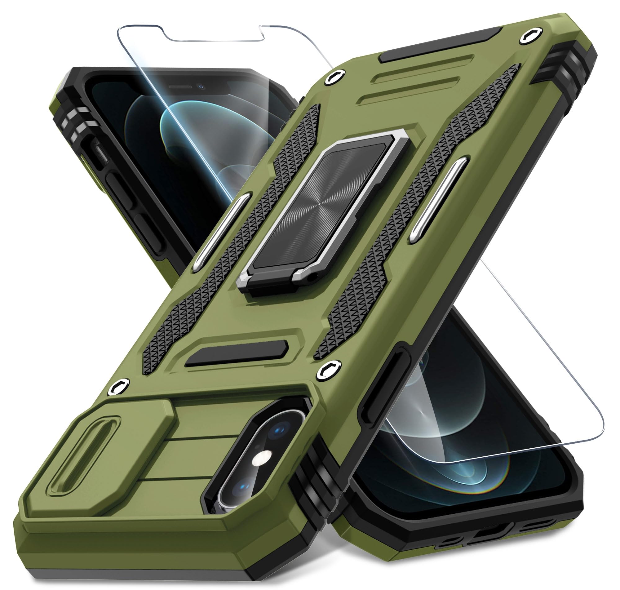 DEERLAMN Case for iPhone X/XS with Slide Camera Cover+Screen Protector,Rotated Ring Kickstand Military Grade Shockproof Protective Cover 5.8