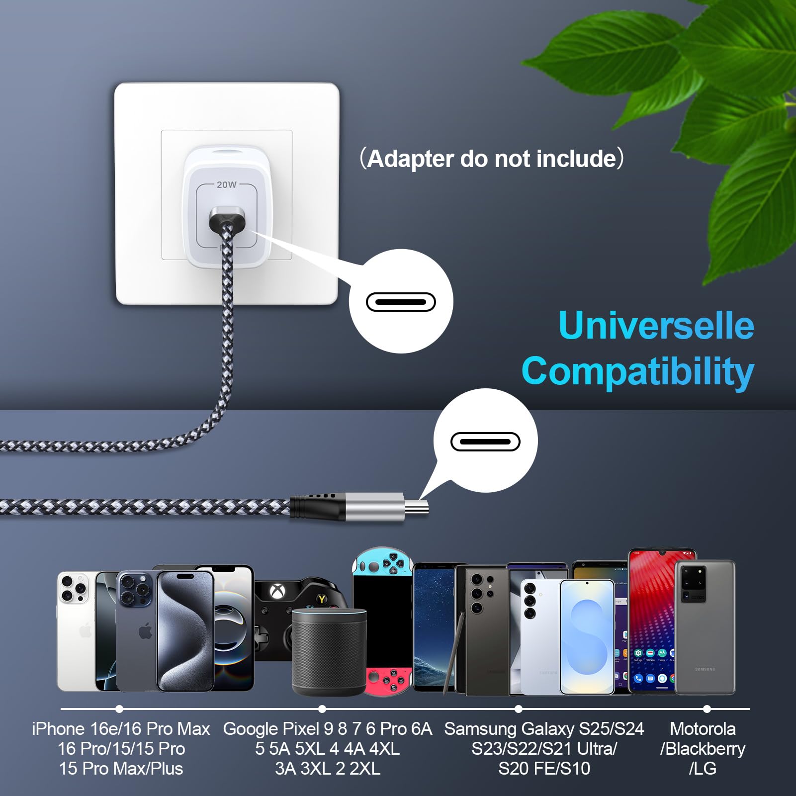 Cavo di ricarica da USB C a USB C, 3 m, 60 W, intrecciato, lungo da tipo C a tipo C, cavo di ricarica rapida per iPhone 16e/16 Pro Max/16/15 Pro/15 Plus/Samsung Galaxy S25 Edge/S24 Ultra/S23/S22/S21