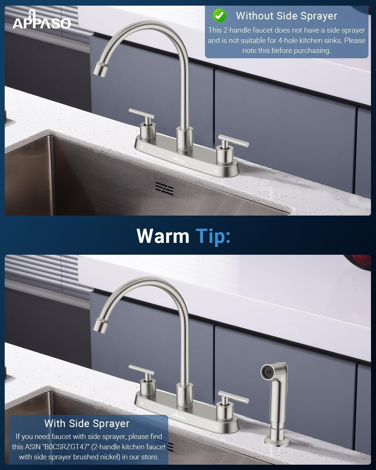 APPASO 2 Handle Kitchen Sink Faucet, 8 inches High Arc 360° Swivel SUS304 Stainless Steel Kitchen Faucet, Lead-Free Modern Double-Handle Faucets for Motorhomes, RV, Campers, Brushed Nickel