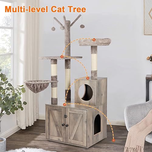 Miniatura 7 de Caja de arena con árbol para gatos, casa de madera para gatos con torre de árbol para gatos, mueble oculto para gatos con poste rascador, condominio