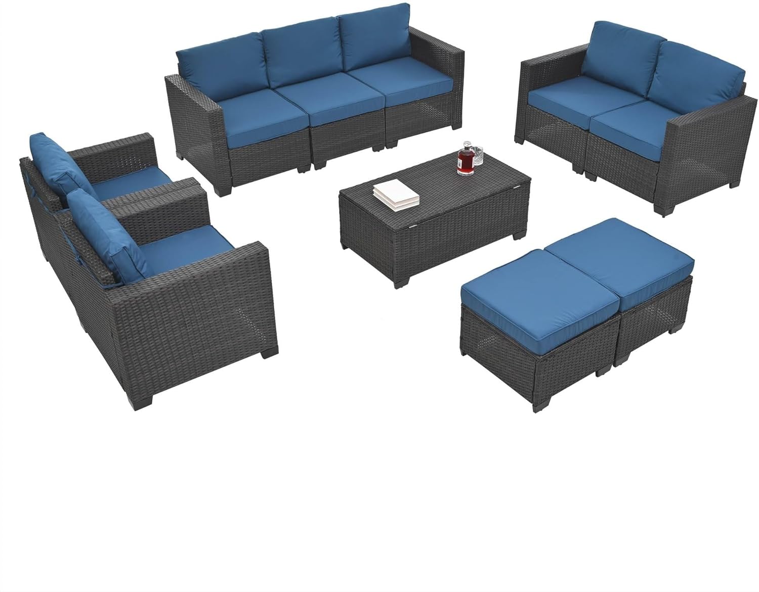 10 Pieces Outdoor Patio Furniture Sets with Cushions Coffee Table Hidden Storage Wicker Rattan Patio Sofa Conversation Set for Porch Balcony Poolside
