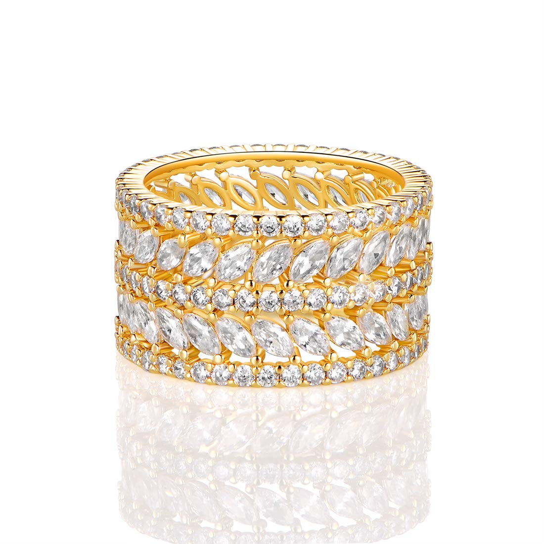 Gemsme14K Yellow Gold Plated Marquise Cubic Zirconia Eternity Statment Ring for Women Size 5-10