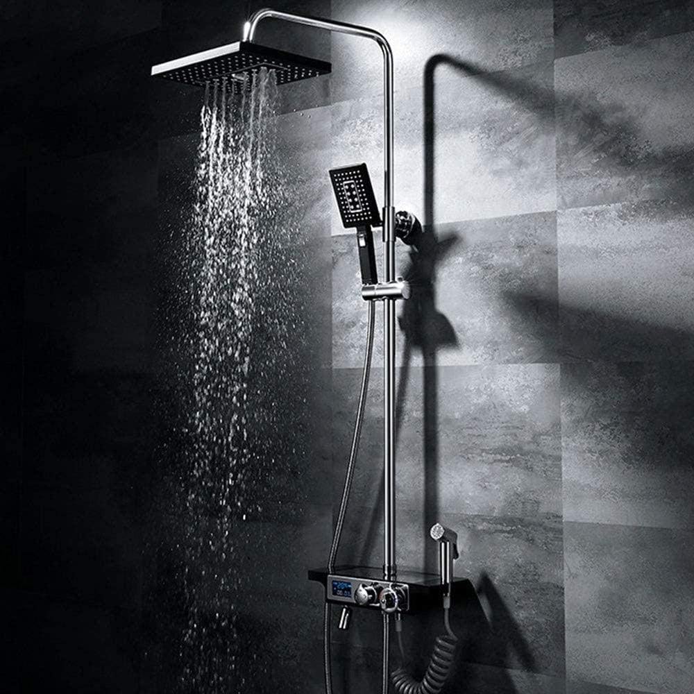 Bathtub Shower Systems Black Bathroom Shower Set Booster Thermostat Temperature Control Led Screen Display 4 Function Hand Shower System Square Top Spray Lift Bar with Faucet Bidet