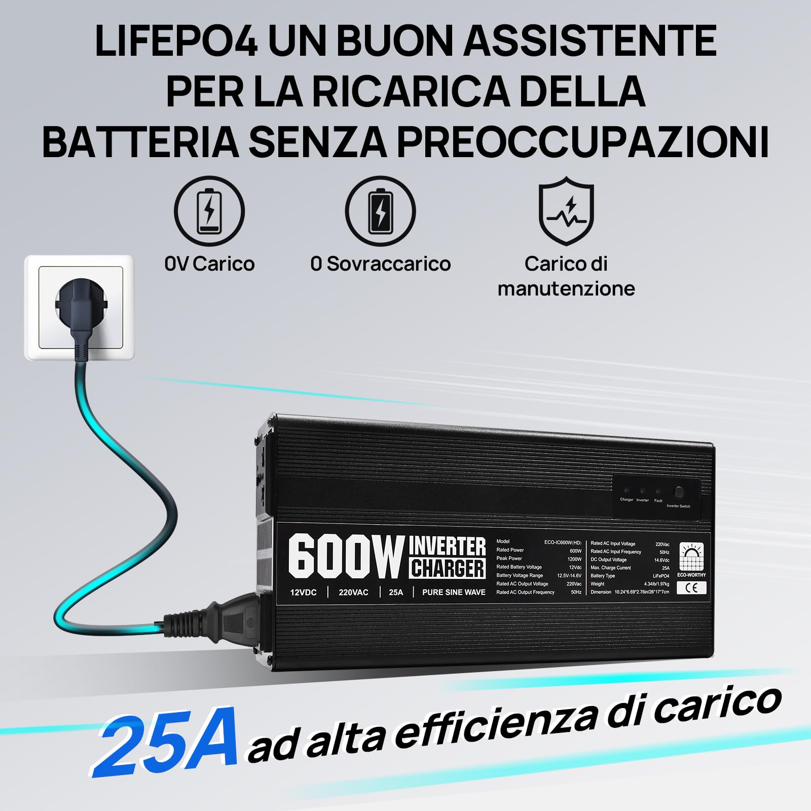 ECO-WORTHY LiFePO4 14,6 V 25 A Caricabatterie con convertitore 600 W da 12 V a 230 V, priorità alla rete e funzione UPS, per batteria LiFePO4 Deep Cycle, auto, camion, veicoli turistici
