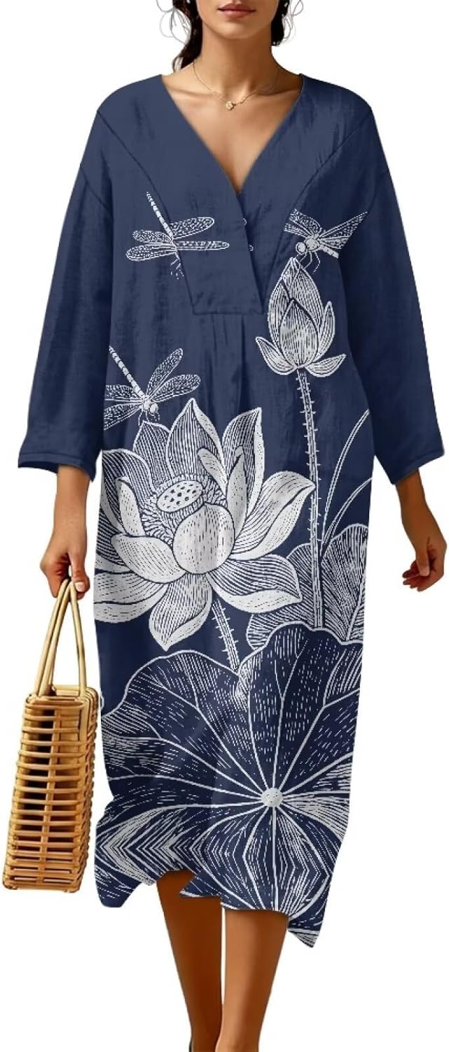 Womens Linen Maxi Dresses Casual Dress for Women V Neck 3/4 Sleeve Loose Fit Linen Sundress