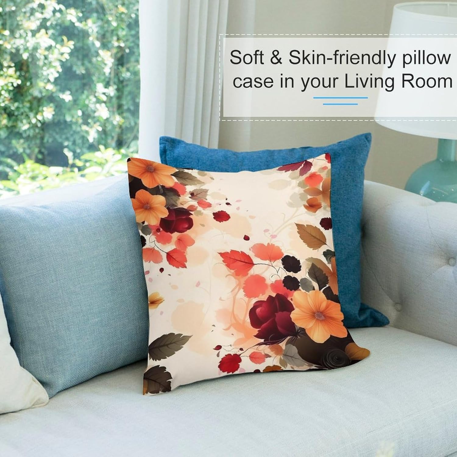 Zippered Pillow Cover, Pillow Protector, Autumn Beautiful Floral Printed Pillow Cover of 4, Pillow Not Included