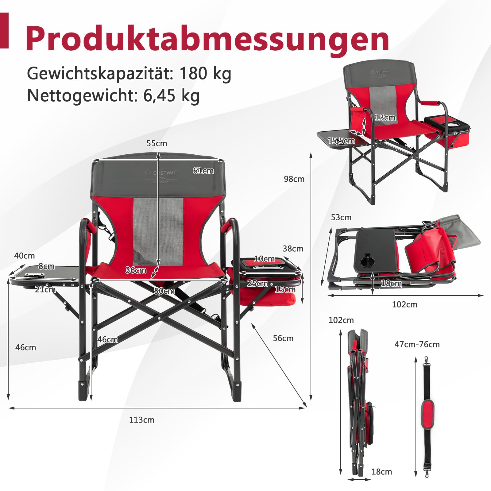 COSTWAY Krzesło kempingowe ze stolikiem bocznym, torbą chłodzącą i torbą do przechowywania, składane krzesło wędkarskie, nośność 180 kg, przenośne krzesło reżyserskie, składane krzesło na kemping