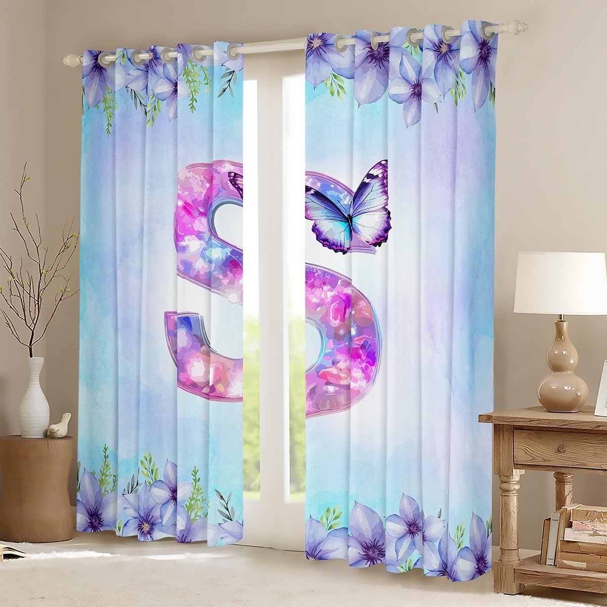Homewish Rideau Occultant 140x175 cm Lettre Initiale S, Rideau Papillon Violet, Rideaux Voilage Fleur Florale Élégante, Voilage Fenetre Animal Fantaisiste de Rêve pour Chambre Salon