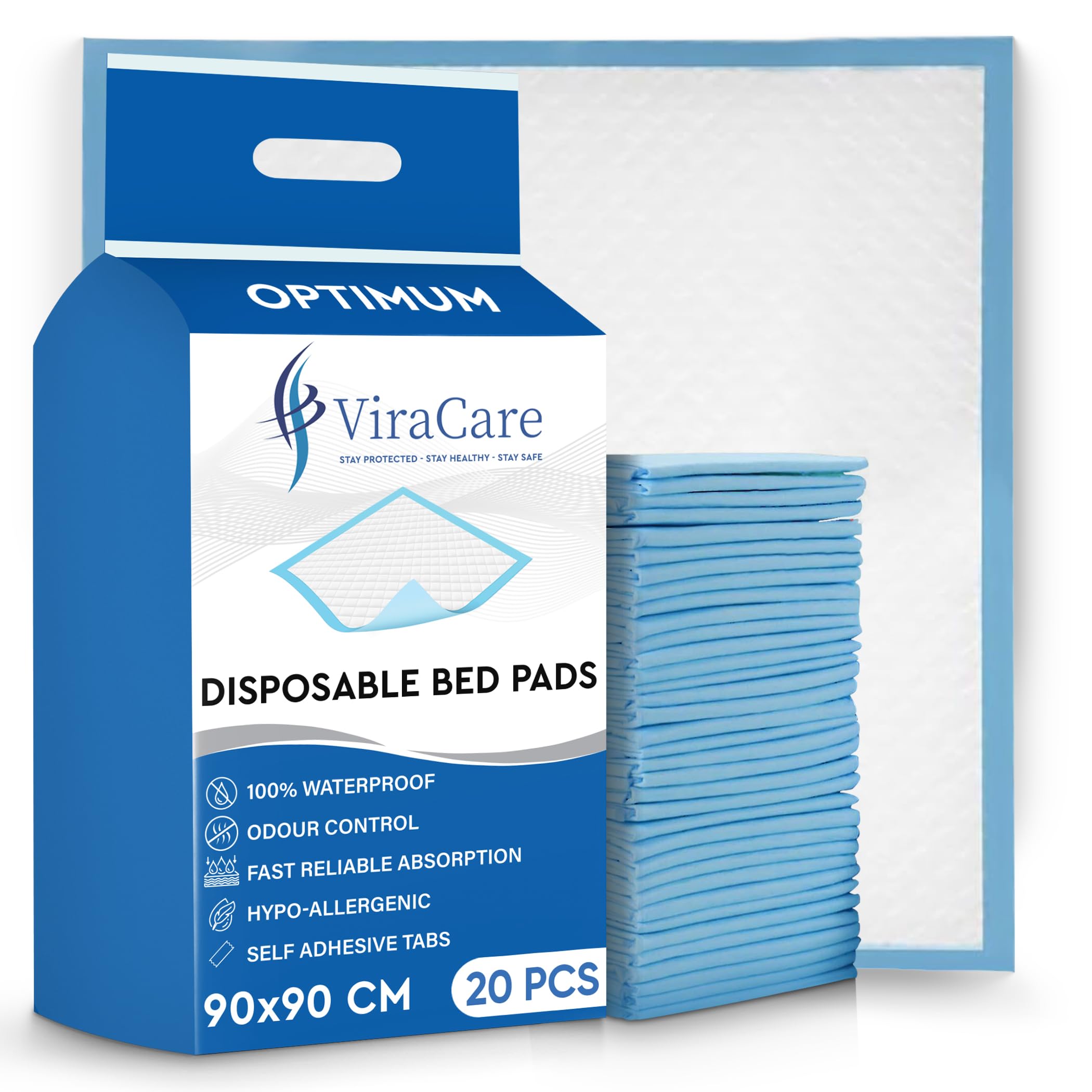 80 x Optimum Incontinence Bed Pads | 90 x 90 cm | Incontinence Bed Sheets | Disposable Mattress Protector | Self Adhesive Tabs | Absorbent Pads | (4 Packs of 20)