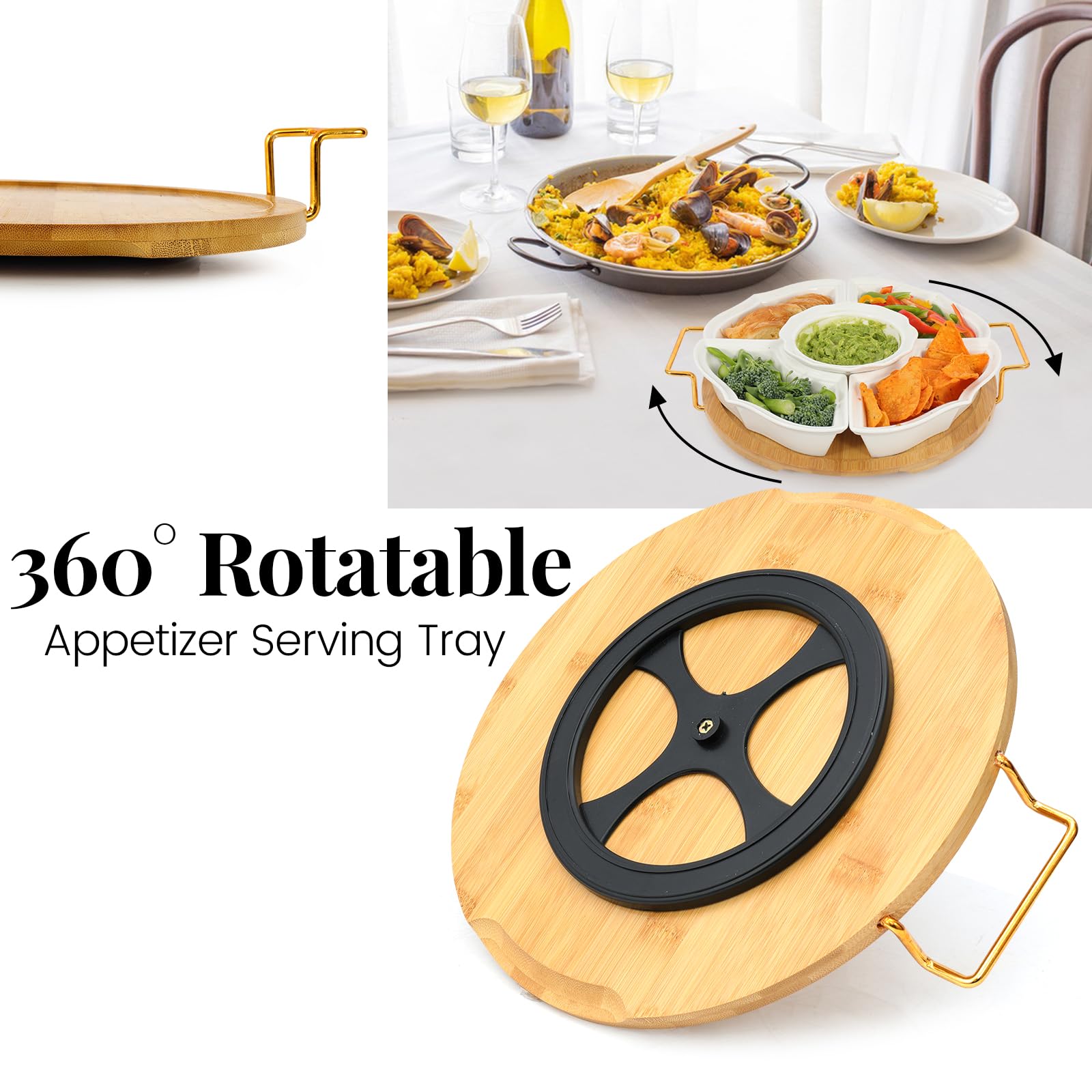 PLAPITATE Bandejas y platos para servir fiestas, bandeja de cerámica para servir Lazy Susan con secciones divididas, bandeja giratoria para servir aperitivos, para frutas, verduras, patatas fritas y