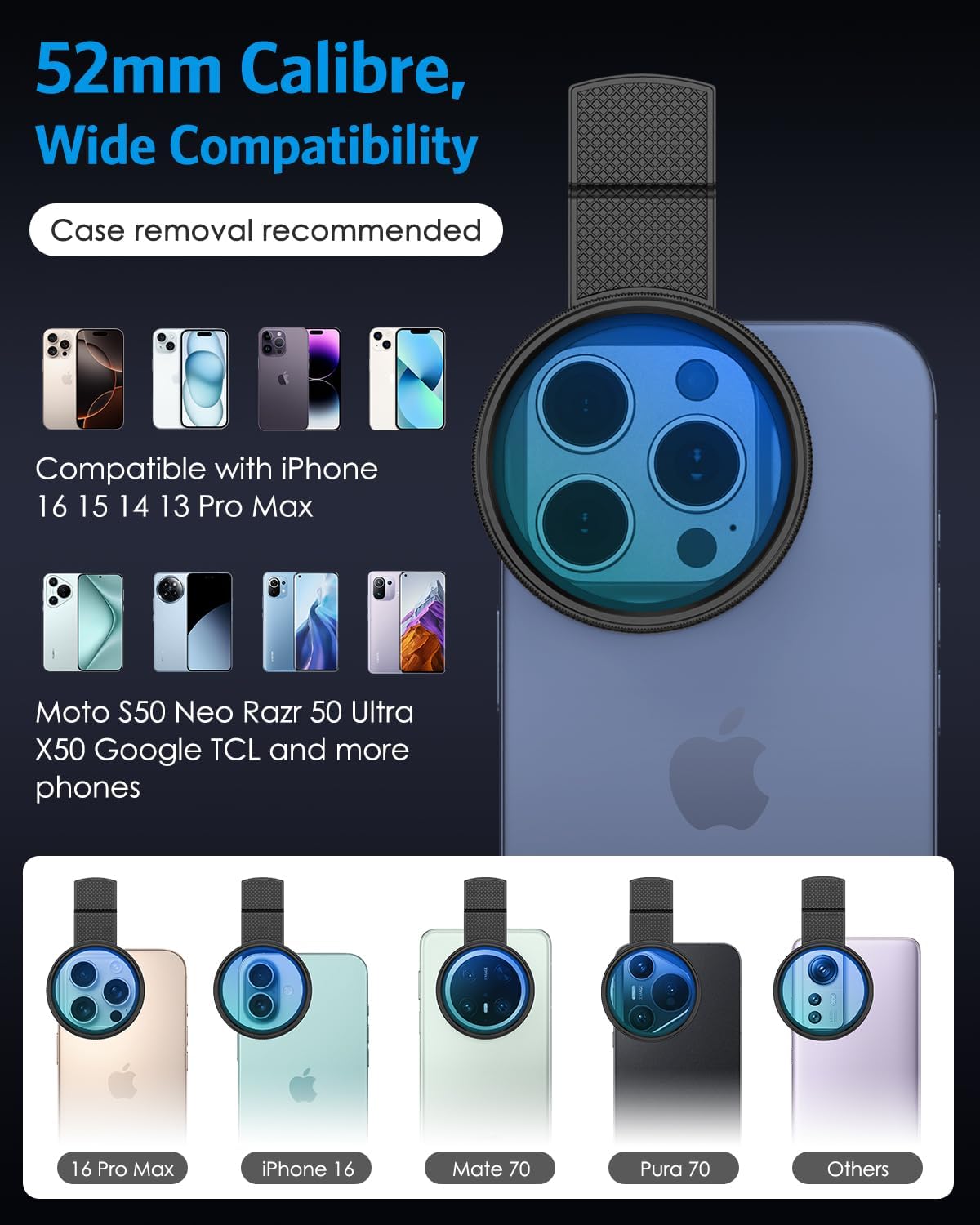 AMIR 52MM Clip-on CPL Phone Camera Lens Filter, Circular Polarizer Filter, Phone Lens Filter Kit Compatible with iPhone 17 16 15 14 13 12, Google Pixel and Other Android Smart Phones