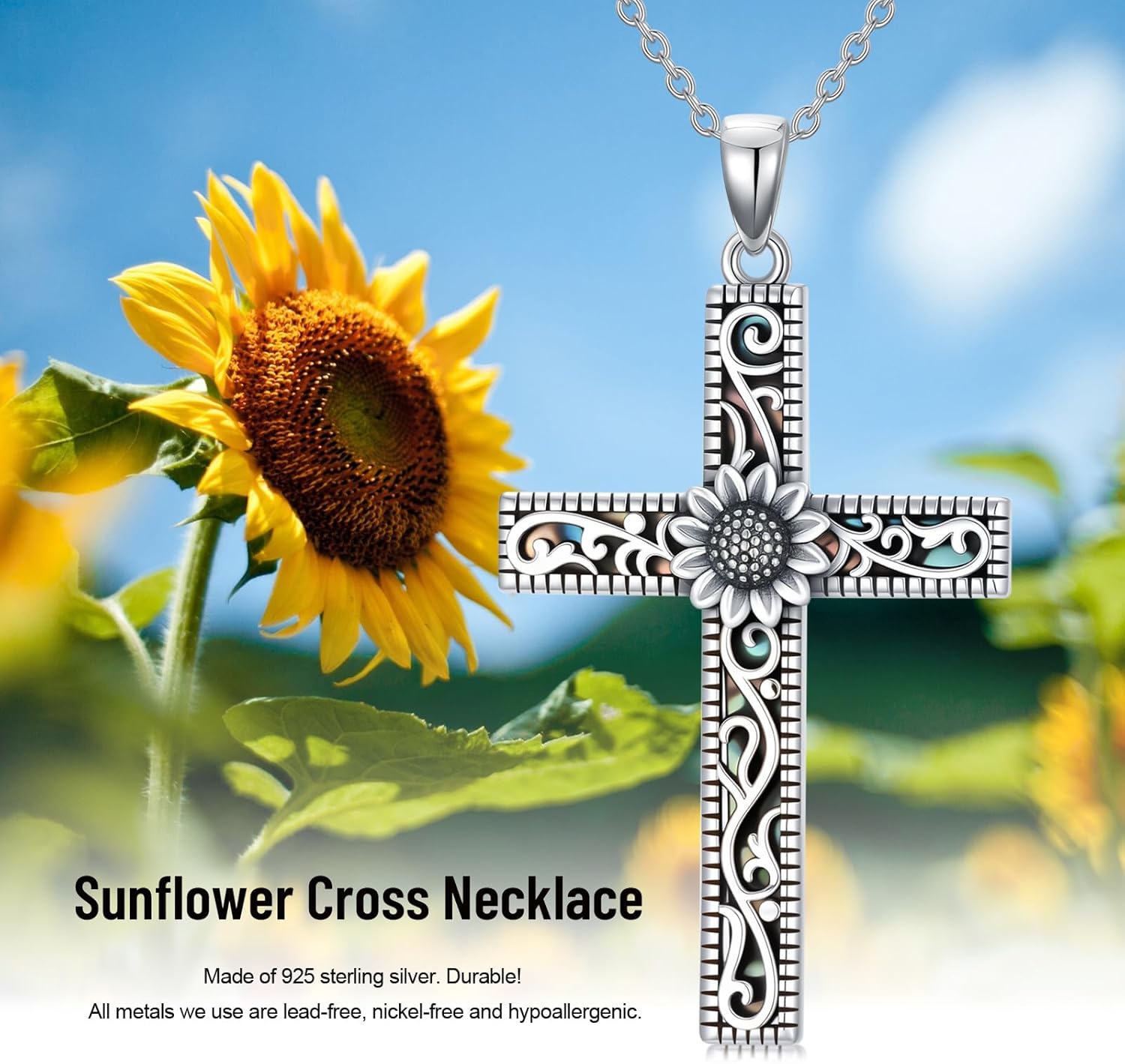 Cross Necklace for Women 925 Sterling Silver Cross Sunflower/Rose/Hibiscus/Plumeria/Daisy/Lily/Butterfly/Star of David Pendant Jewelry Gifts for Wife Girlfriend Daughter