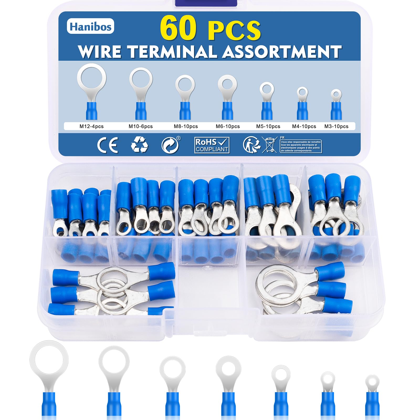 60 sztuk końcówek kablowych oczkowych 1,5-2,5 mm² niebieskie złącze zaciskowe 16-14 AWG Ø otworu M3, M4, M5, M6, M8, M10, M12, okrągłe, 7 rozmiarów