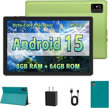Tablet 10 Inch Android 15 Tablets for Adults GMS Certified Tablet Computer with HD IPS Display, Octa-Core, 8GB RAM 64GB ROM Expandable to 1TB, Wi-Fi 6, Dual Camera, 5000mAh Green