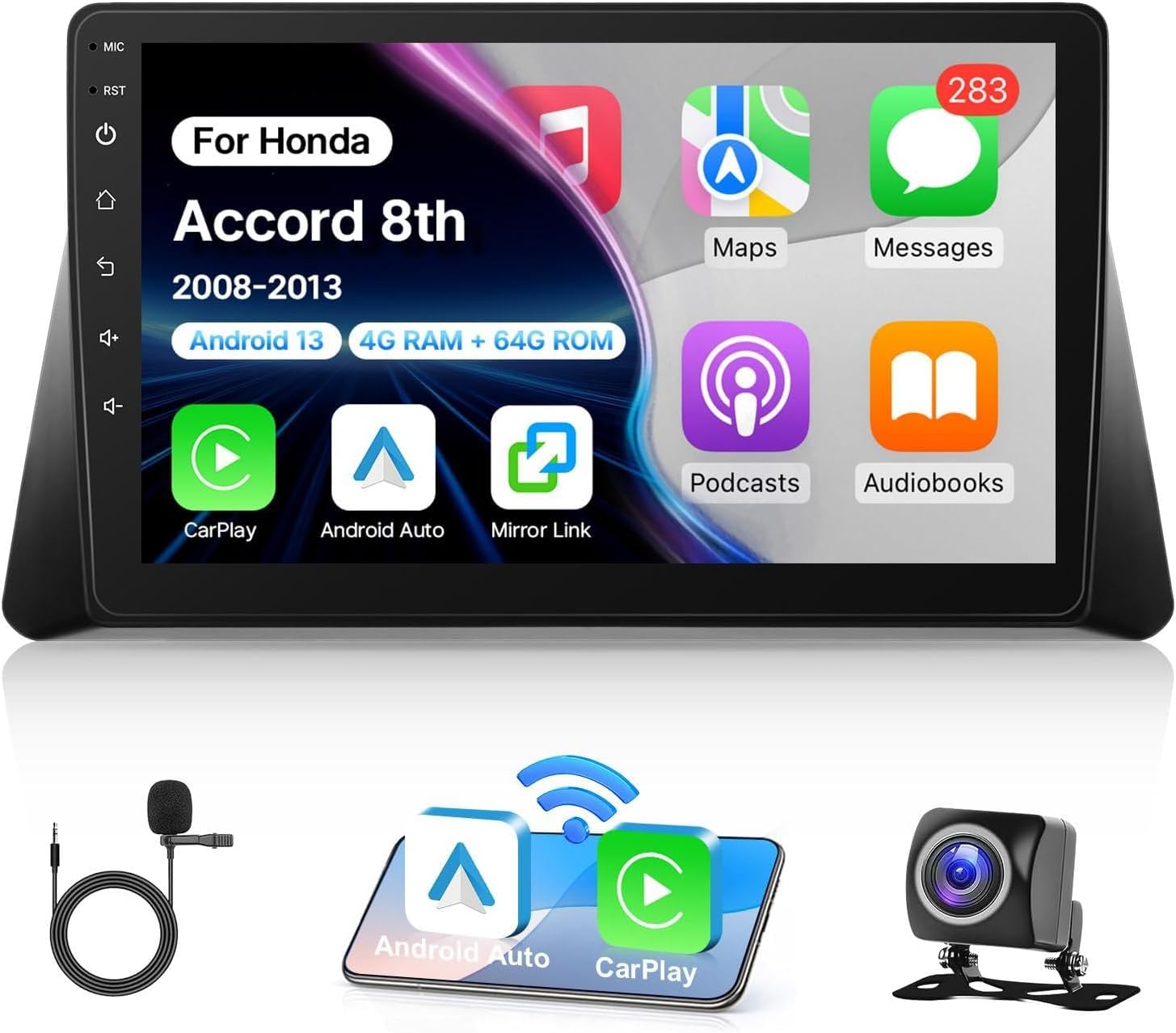 Leadfan Upgrade 4+64G Car Radio for Honda Accord 2008-2013 8th Gen with Wireless CarPlay Android Auto, 10.1 inch Touch Screen in-Dash Stereo Bluetooth GPS 5G WiFi FM SWC MIC+Backup Camera