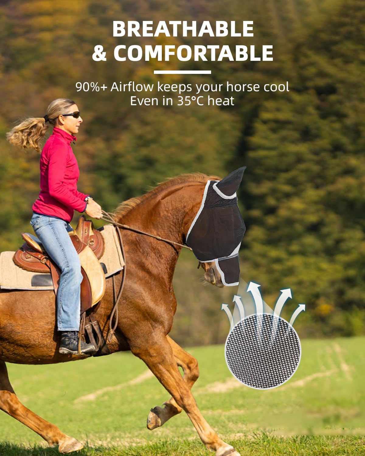 Hilltown Horse Fly Mask with Nose Cover - Large Eye Space, Full Face UV-Block, Breathable Fabric, Adjustable Fit, Durable & Polar Fleece Trim, Horse Fly Mask for Hot or Bug-Heavy Areas - Pony, Grey