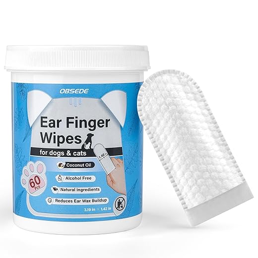 OBSEDE Dog & Cat Ear Wipes, 60 Count Finger Pads for Cleaning & Itch Relief