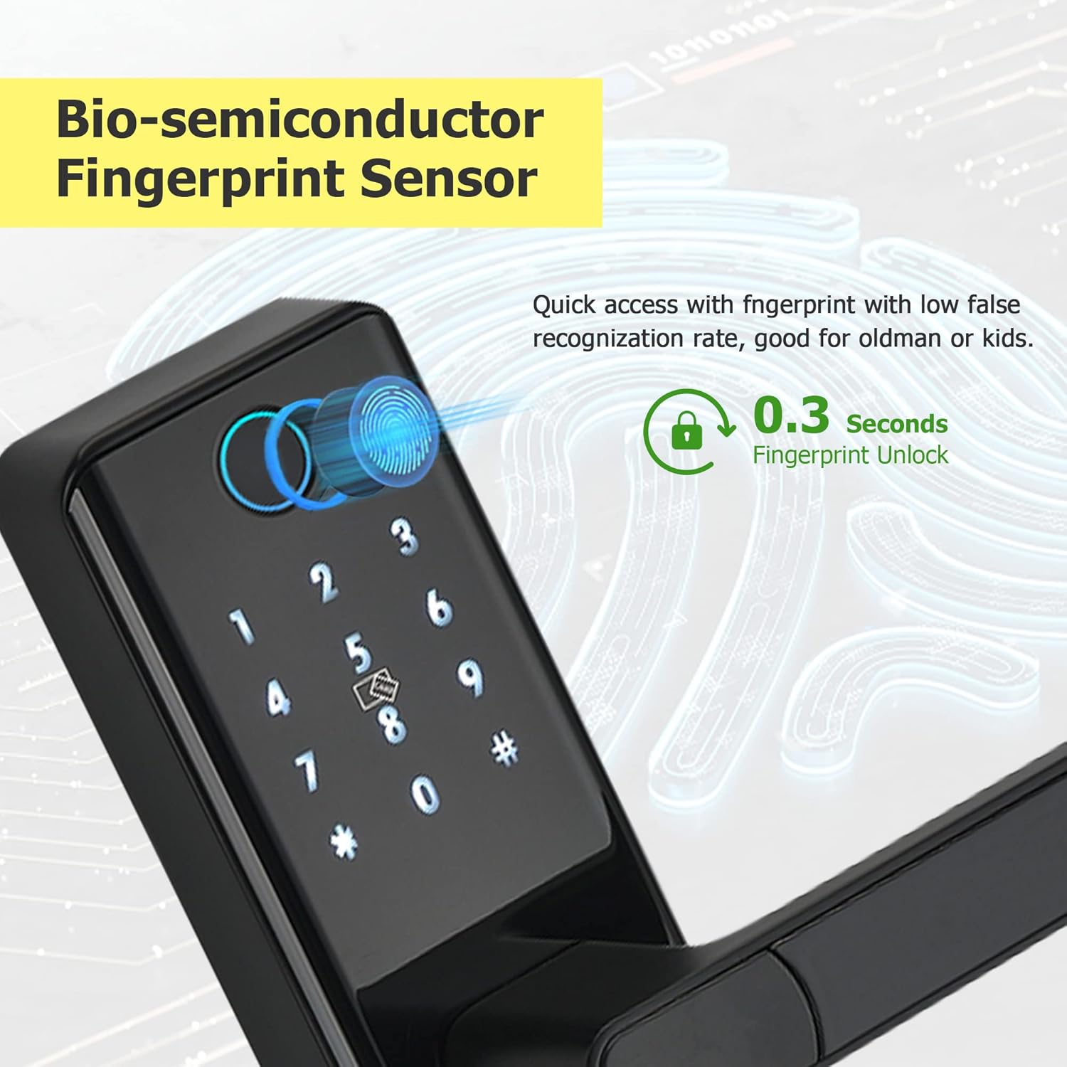 Close-up view of the bio-semiconductor fingerprint sensor on the smart lock.