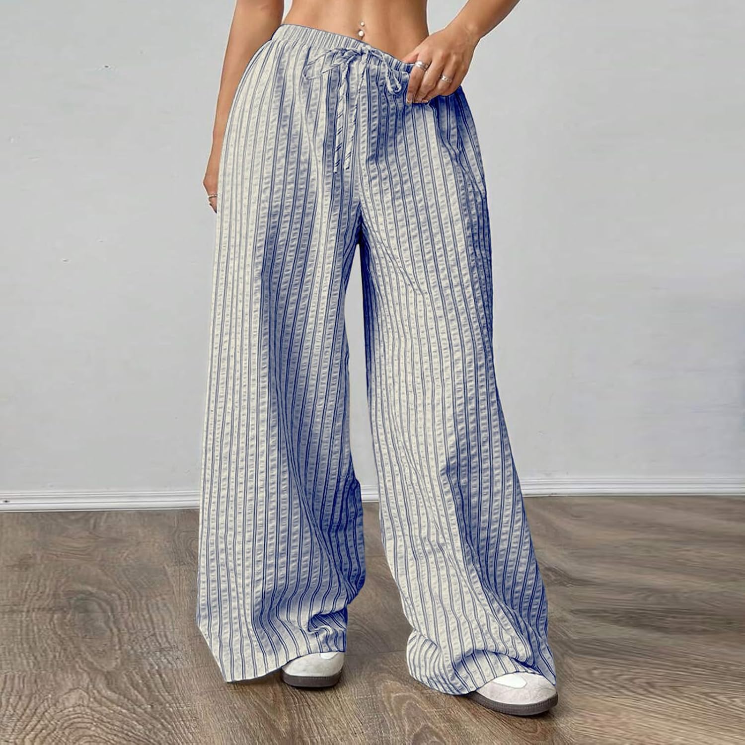 Striped Pants Women Drawstring Elastic Waist Wide Leg Pants Lightweight Comfy Lounge Trousers with Pockets - Image 4