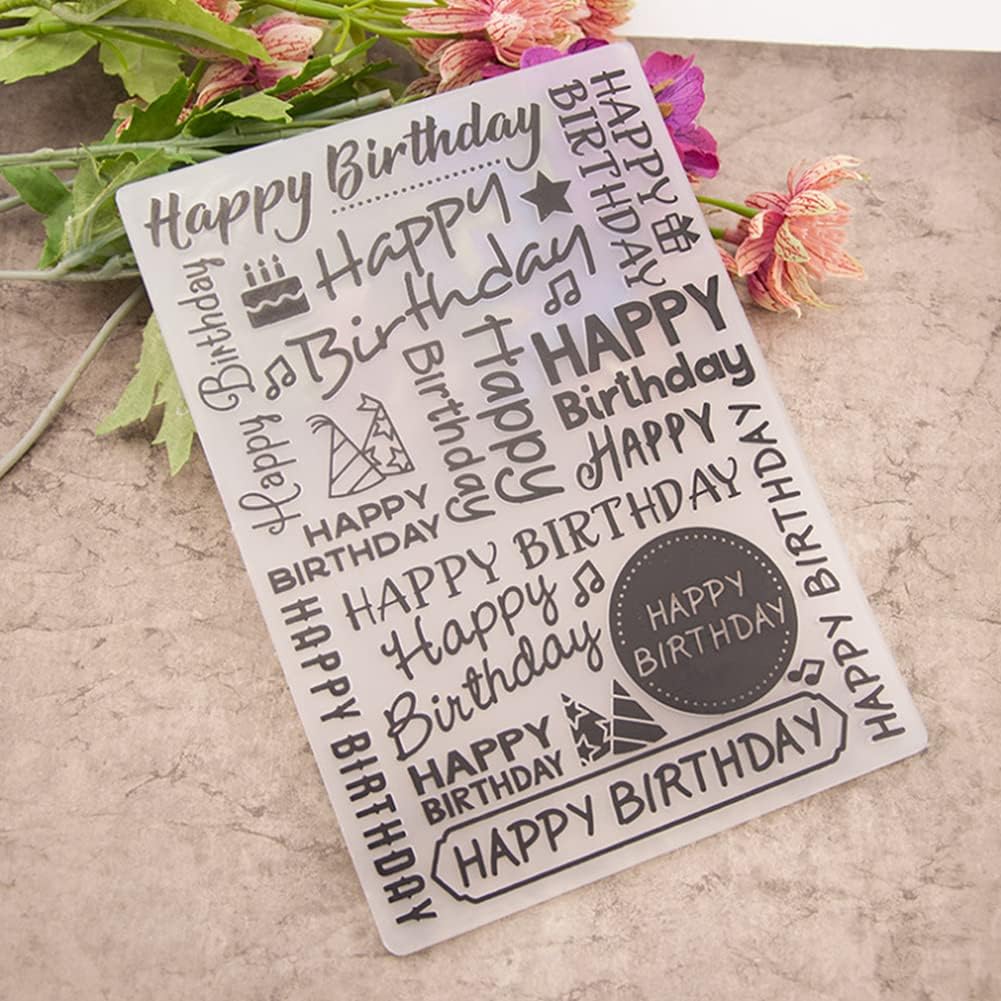 PUPUZAO Plastic Embossing Folder (5x7 inch Happy Birthday) Paper Crafts Plastic Textured Impressions for Card Making Scrapbooking