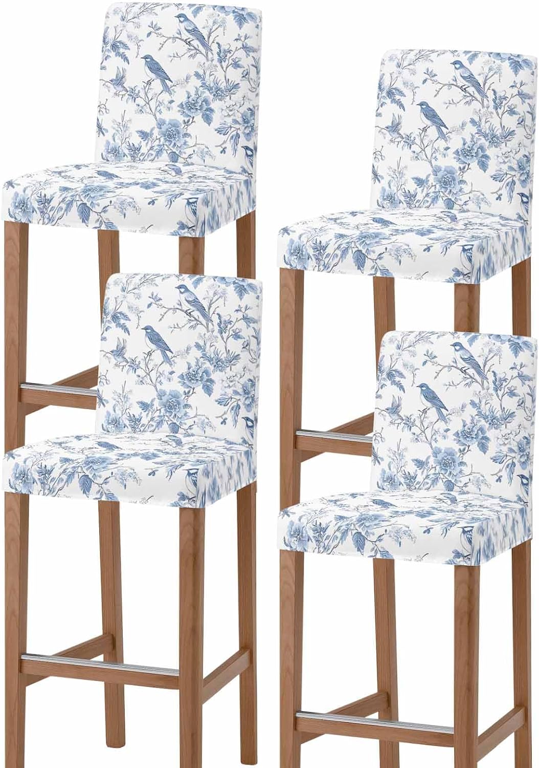 White Blue Spring Floral Bar Stool Covers Set of 4, Summer Birds Botanical Stretch Washable Bar Chair Covers with Backs, Removable Pub Counter Height Chair Cover for Kitchen Dining Room Cafe