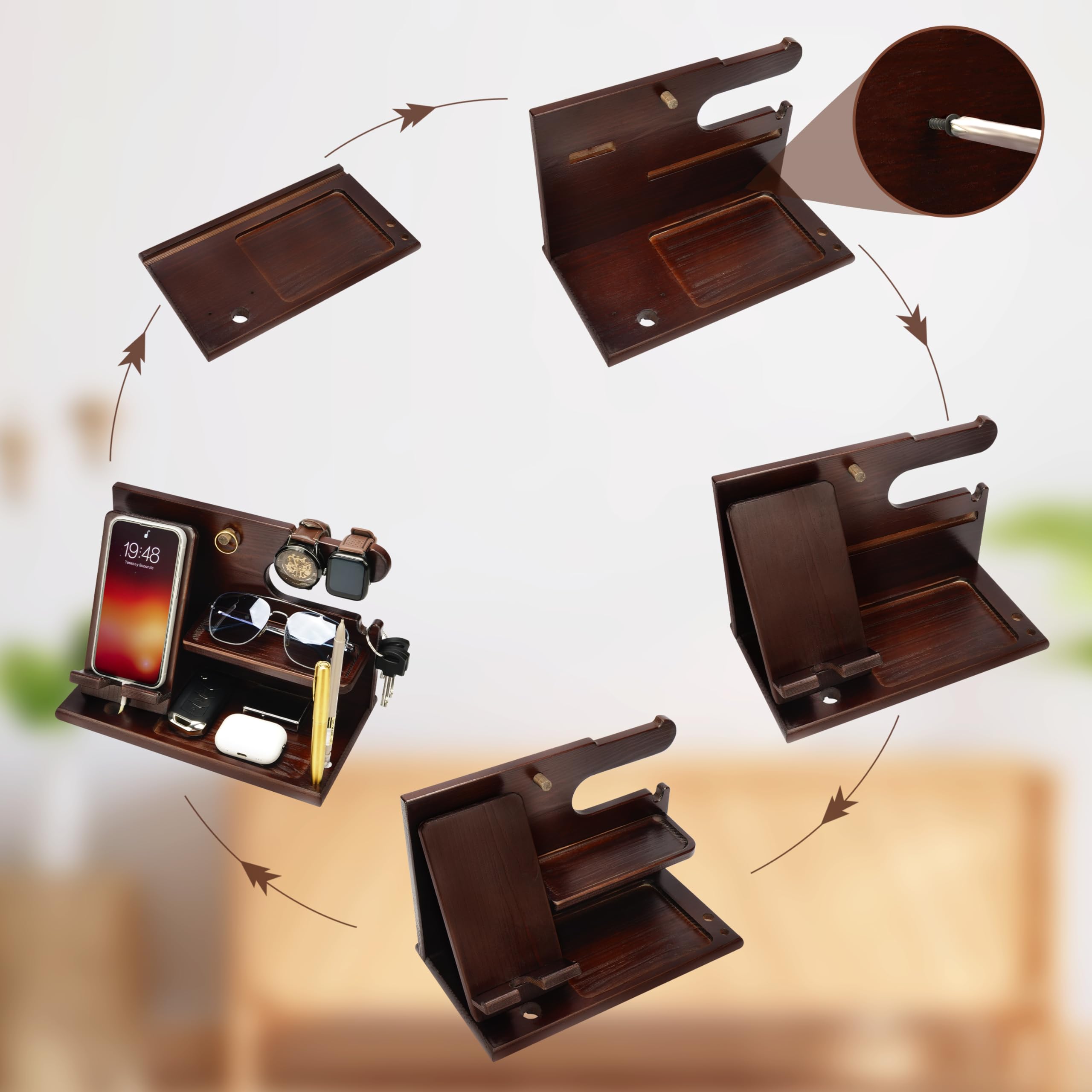 Belle Vous Support Telephone en Bois Marron Foncé - Table de Nuit et Table de Chevet - Vide Poche pour Portefeuille, Montre, Clés et Gadgets - Cadeau Anniversaire Homme, Père