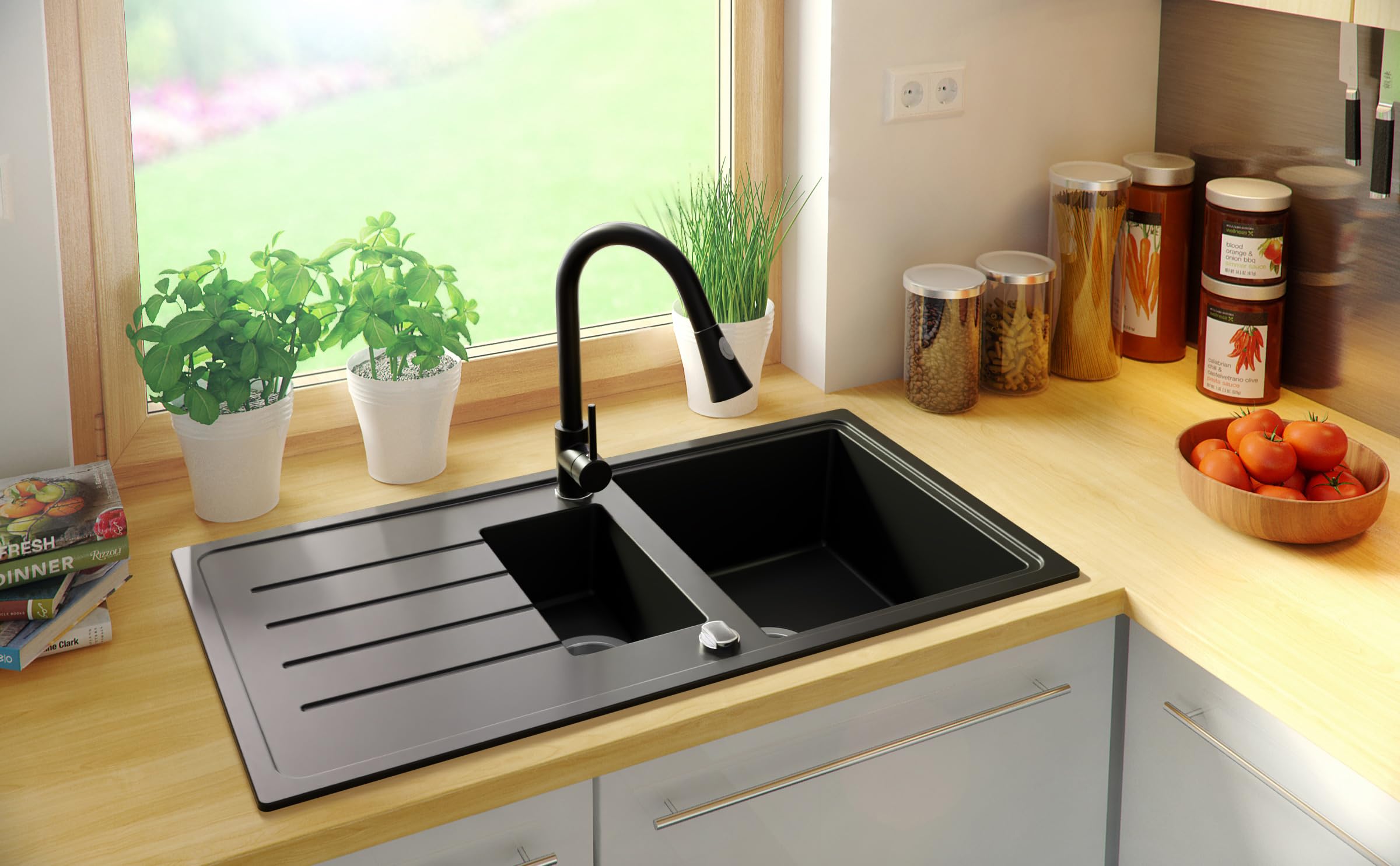 PRIMAGRAN Evier Cuisine en Granit Tout Noir 90x50cm, Lavabo 1,5 bacs + Kit de Vidage, Évier à Encastrer au Meuble 60cm - Copenhague Duo S075