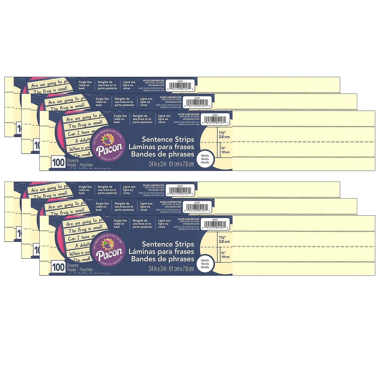 PACON(r) Sentence Strips, Manila, 3" x 24", 100 Strips Per Pack, 6 Packs