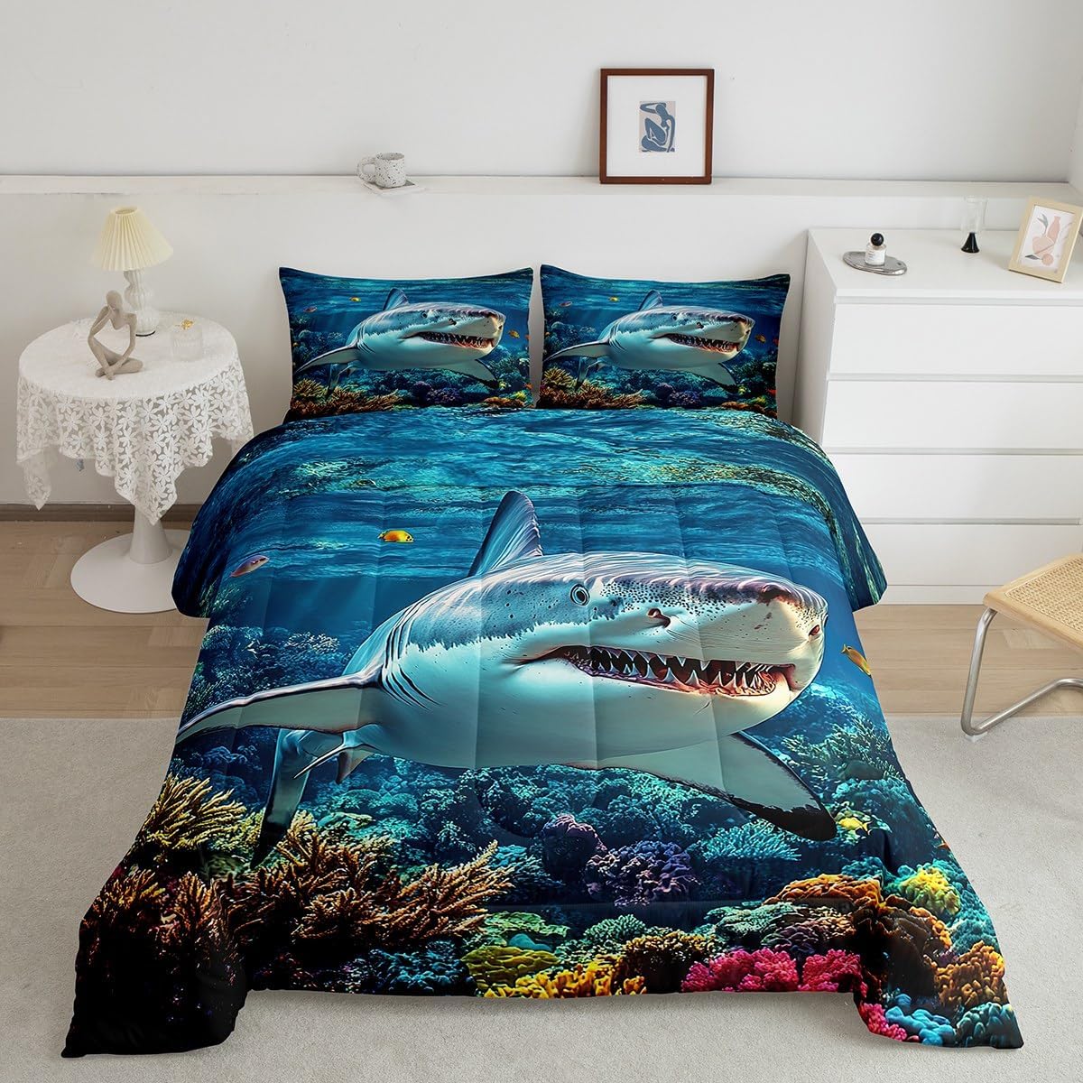 jejeloiu Ocean Sea Animal Duvet Quilt Twin Size Shark Comforter for Kids Boys Girls Decor Marine Theme Bedding Set Breathable Soft Lightweight Microfiber Bedroom Decor Quilt Set image 2